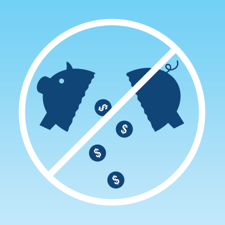 A diagram showing a piggy bank breaking in half and losing its coins