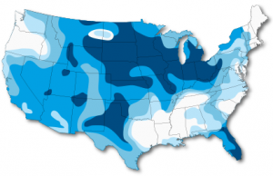 A map of the United States with different shades of blue showing varying levels of water hardness